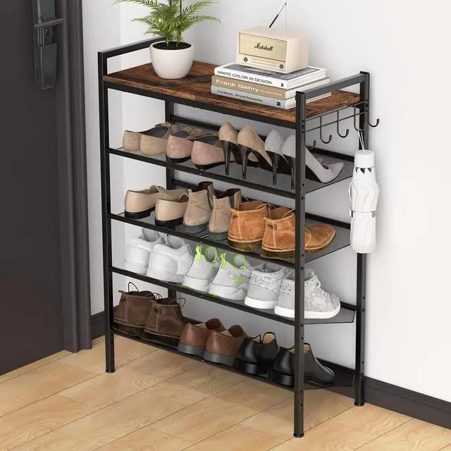 Main image of Refrze Shoe Rack for Front Door Entrance, 5 Tier Height-Adjustable Metal Shoe Rack, Sturdy Wooden Top and Tiltable Steel Frame Heavy Duty Shoe Organizer for Bathroom,Bedroom,KitchenInclude Hook