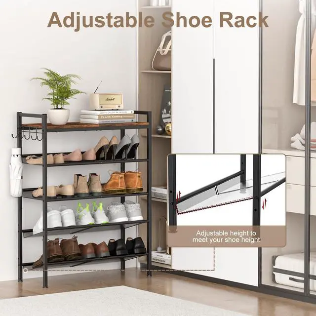 Alt view image 2 of 7 - Refrze Shoe Rack for Front Door Entrance, 5 Tier Height-Adjustable Metal Shoe Rack, Sturdy Wooden Top and Tiltable Steel Frame Heavy Duty Shoe Organizer for Bathroom,Bedroom,KitchenInclude Hook