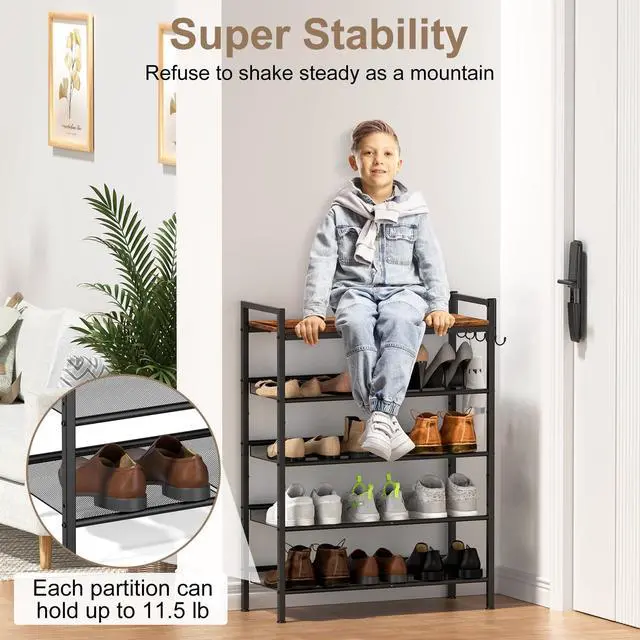 Alt view image 3 of 7 - Refrze Shoe Rack for Front Door Entrance, 5 Tier Height-Adjustable Metal Shoe Rack, Sturdy Wooden Top and Tiltable Steel Frame Heavy Duty Shoe Organizer for Bathroom,Bedroom,KitchenInclude Hook