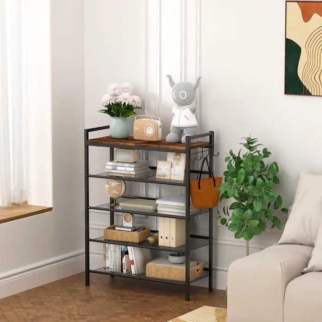 Alt view image 7 of 7 - Refrze Shoe Rack for Front Door Entrance, 5 Tier Height-Adjustable Metal Shoe Rack, Sturdy Wooden Top and Tiltable Steel Frame Heavy Duty Shoe Organizer for Bathroom,Bedroom,KitchenInclude Hook