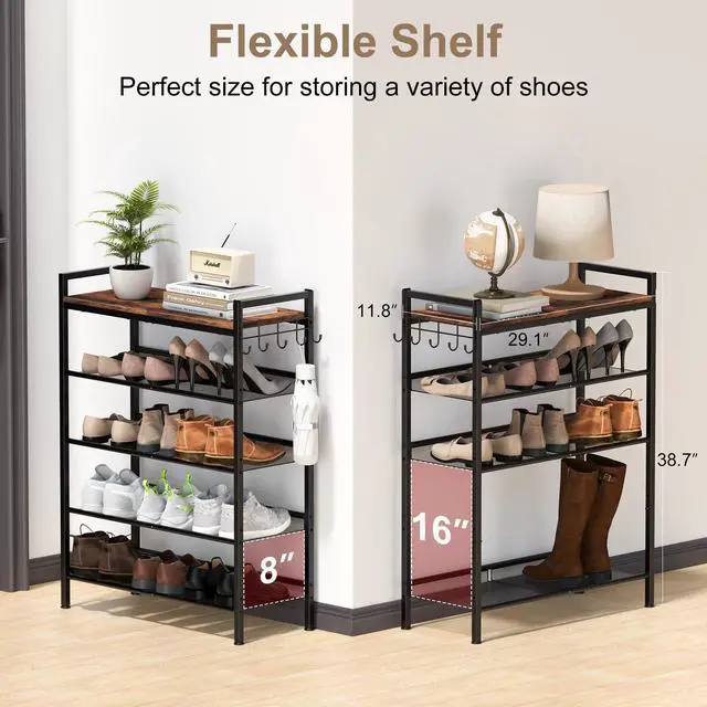 Alt view image 4 of 7 - Refrze Shoe Rack for Front Door Entrance, 5 Tier Height-Adjustable Metal Shoe Rack, Sturdy Wooden Top and Tiltable Steel Frame Heavy Duty Shoe Organizer for Bathroom,Bedroom,KitchenInclude Hook