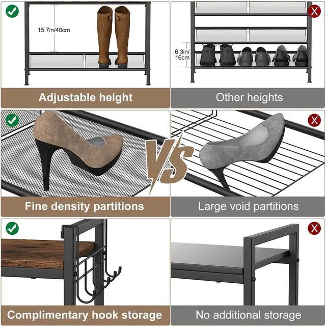 Alt view image 6 of 7 - Refrze Shoe Rack for Front Door Entrance, 5 Tier Height-Adjustable Metal Shoe Rack, Sturdy Wooden Top and Tiltable Steel Frame Heavy Duty Shoe Organizer for Bathroom,Bedroom,KitchenInclude Hook