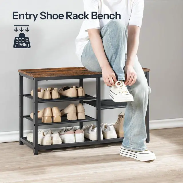 Alt view image 3 of 7 - HOOBRO Shoe Bench, 5-Tier Shoe Rack Bench with Mesh Shelves, Shoe Organizer, Industrial Shoe Storage Bench for Entryway, Easy Assembly, 11 x 31.5 x 19.7 Inches, Rustic Brown and Black BF36HX01