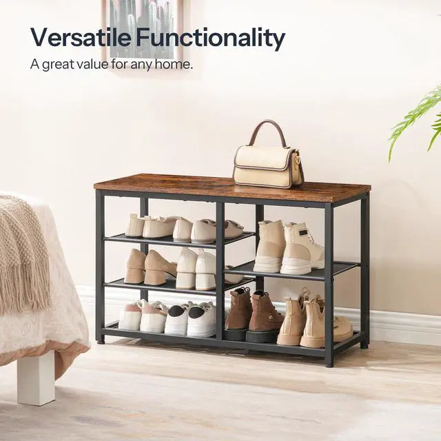 Alt view image 4 of 7 - HOOBRO Shoe Bench, 5-Tier Shoe Rack Bench with Mesh Shelves, Shoe Organizer, Industrial Shoe Storage Bench for Entryway, Easy Assembly, 11 x 31.5 x 19.7 Inches, Rustic Brown and Black BF36HX01