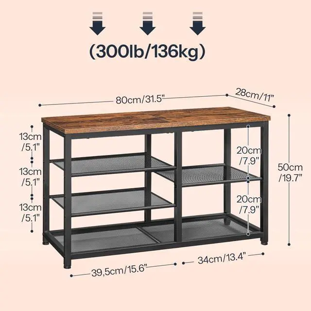 Alt view image 5 of 7 - HOOBRO Shoe Bench, 5-Tier Shoe Rack Bench with Mesh Shelves, Shoe Organizer, Industrial Shoe Storage Bench for Entryway, Easy Assembly, 11 x 31.5 x 19.7 Inches, Rustic Brown and Black BF36HX01