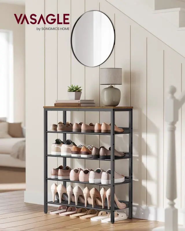 Alt view image 2 of 7 - VASAGLE Shoe Rack for Entryway, 5-Tier Shoe Rack Organizer with Storage Shelves and Spacious Top, Freestanding, Adjustable, Industrial, Honey Brown and Ink Black ULBS038K01