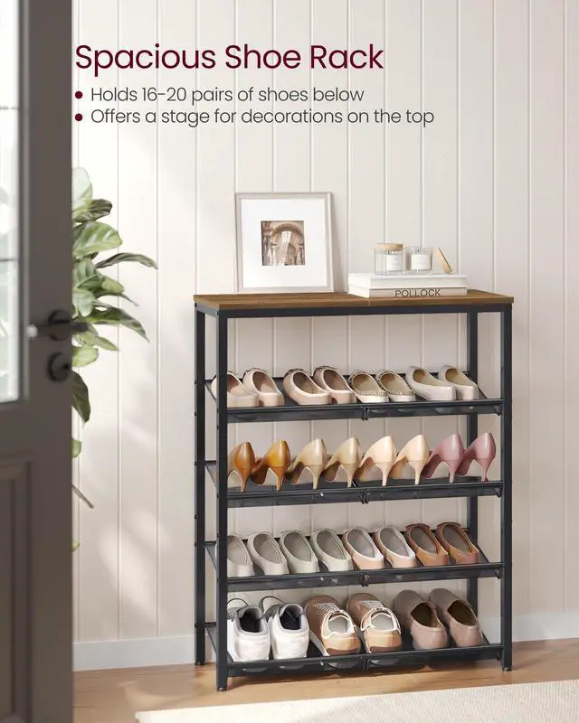 Alt view image 3 of 7 - VASAGLE Shoe Rack for Entryway, 5-Tier Shoe Rack Organizer with Storage Shelves and Spacious Top, Freestanding, Adjustable, Industrial, Honey Brown and Ink Black ULBS038K01