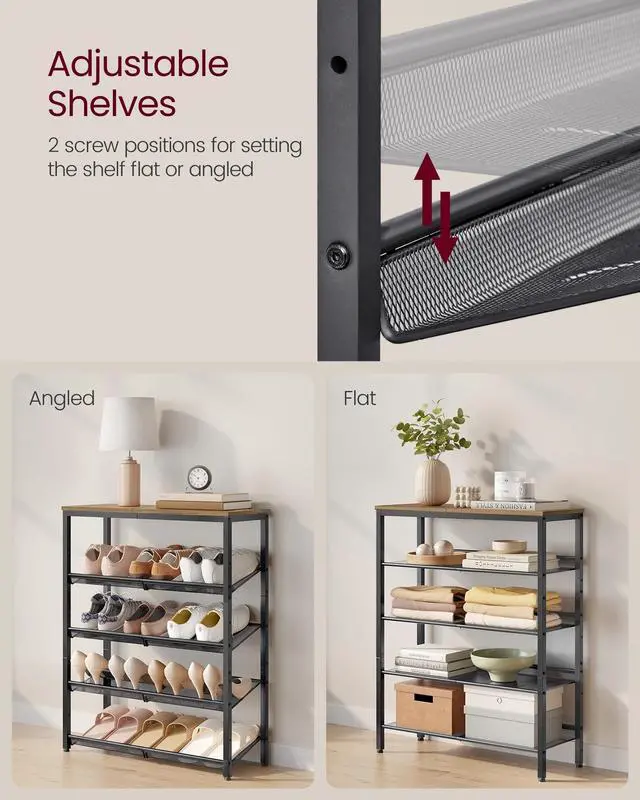 Alt view image 6 of 7 - VASAGLE Shoe Rack for Entryway, 5-Tier Shoe Rack Organizer with Storage Shelves and Spacious Top, Freestanding, Adjustable, Industrial, Honey Brown and Ink Black ULBS038K01