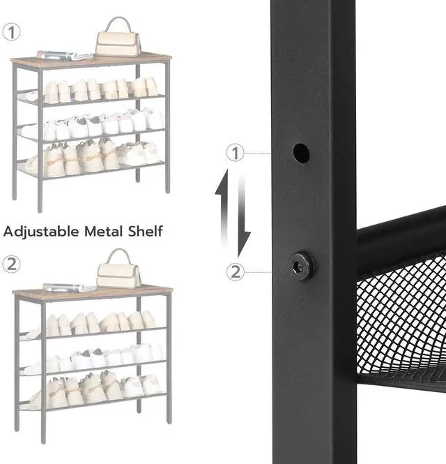 Alt view image 3 of 7 - HOOBRO Shoe Rack for Entryway, 4-Tier Shoe Organizer with Adjustable Mesh Shelves, 12-16 Pairs of Shoes, Spacious Floor Mount, Metal, Industrial, Shoe Shelf for Closet, Rustic Brown BF42XJ01