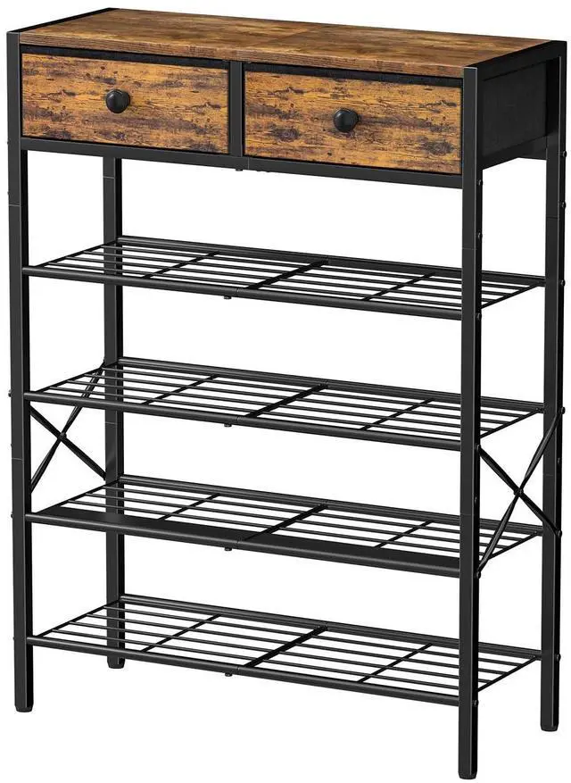 Main image of UNITSTAGE Shoe Rack for Entryway, 5 Tier Shoe Organizer with 2 Non-woven Drawers, Metal Storage Shoe Shelf for 16-20 Pairs of Shoes, with Wooden Top and Steel Frame, Shoe Stand for Closet Rustic Brown