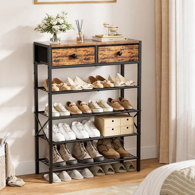 Alt view image 2 of 7 - UNITSTAGE Shoe Rack for Entryway, 5 Tier Shoe Organizer with 2 Non-woven Drawers, Metal Storage Shoe Shelf for 16-20 Pairs of Shoes, with Wooden Top and Steel Frame, Shoe Stand for Closet Rustic Brown