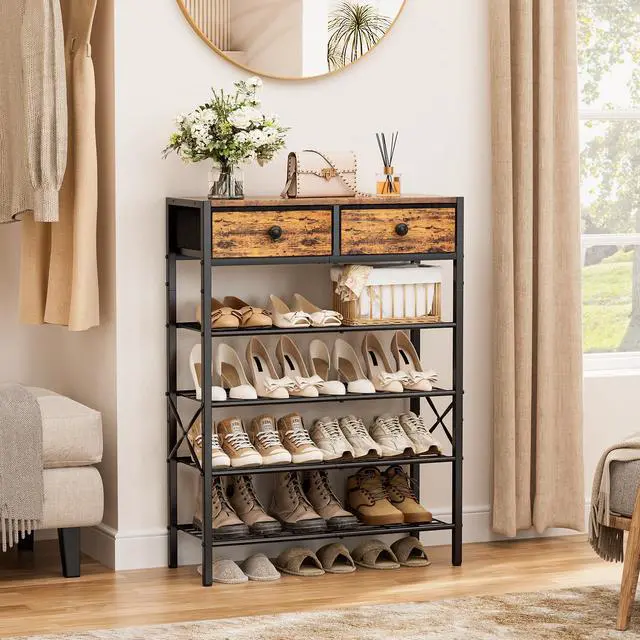 Alt view image 3 of 7 - UNITSTAGE Shoe Rack for Entryway, 5 Tier Shoe Organizer with 2 Non-woven Drawers, Metal Storage Shoe Shelf for 16-20 Pairs of Shoes, with Wooden Top and Steel Frame, Shoe Stand for Closet Rustic Brown
