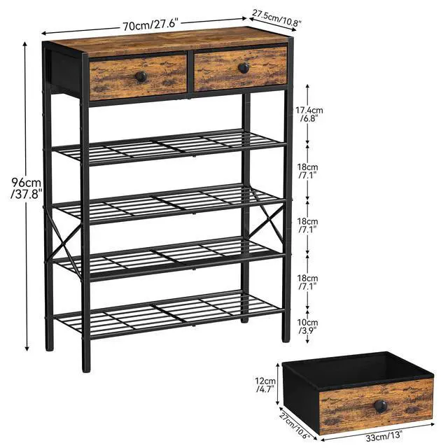 Alt view image 4 of 7 - UNITSTAGE Shoe Rack for Entryway, 5 Tier Shoe Organizer with 2 Non-woven Drawers, Metal Storage Shoe Shelf for 16-20 Pairs of Shoes, with Wooden Top and Steel Frame, Shoe Stand for Closet Rustic Brown