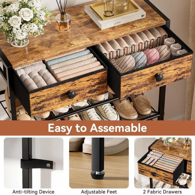 Alt view image 5 of 7 - UNITSTAGE Shoe Rack for Entryway, 5 Tier Shoe Organizer with 2 Non-woven Drawers, Metal Storage Shoe Shelf for 16-20 Pairs of Shoes, with Wooden Top and Steel Frame, Shoe Stand for Closet Rustic Brown