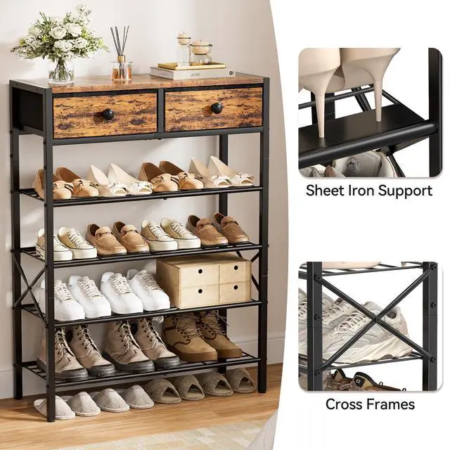 Alt view image 6 of 7 - UNITSTAGE Shoe Rack for Entryway, 5 Tier Shoe Organizer with 2 Non-woven Drawers, Metal Storage Shoe Shelf for 16-20 Pairs of Shoes, with Wooden Top and Steel Frame, Shoe Stand for Closet Rustic Brown