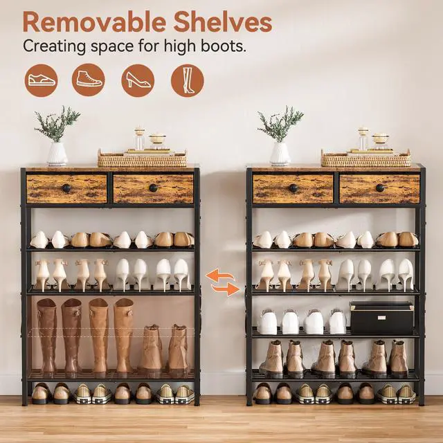 Alt view image 7 of 7 - UNITSTAGE Shoe Rack for Entryway, 5 Tier Shoe Organizer with 2 Non-woven Drawers, Metal Storage Shoe Shelf for 16-20 Pairs of Shoes, with Wooden Top and Steel Frame, Shoe Stand for Closet Rustic Brown
