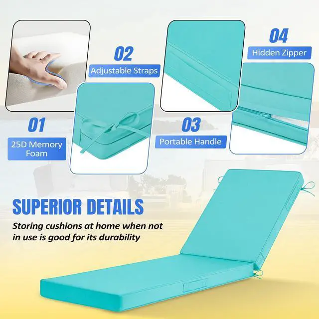 Alt view image 3 of 7 - Basic Beyond Chaise Lounge Cushions Outdoor, 3-Layer Waterproof Outdoor Furniture Cushions with Removable Cover and 4 Ties, 72"x21"x3" Patio Lounge Chair Cushions for Outdoor Furniture, Teal
