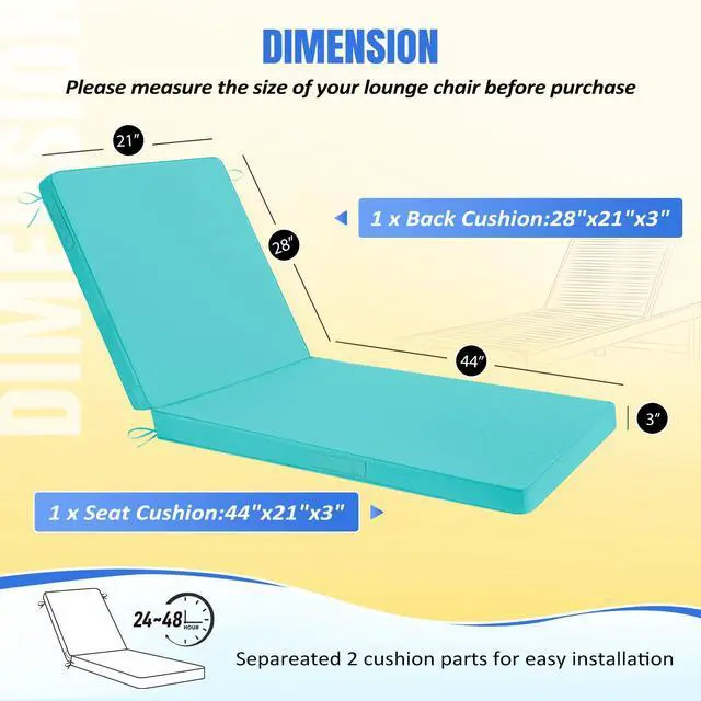 Alt view image 4 of 7 - Basic Beyond Chaise Lounge Cushions Outdoor, 3-Layer Waterproof Outdoor Furniture Cushions with Removable Cover and 4 Ties, 72"x21"x3" Patio Lounge Chair Cushions for Outdoor Furniture, Teal