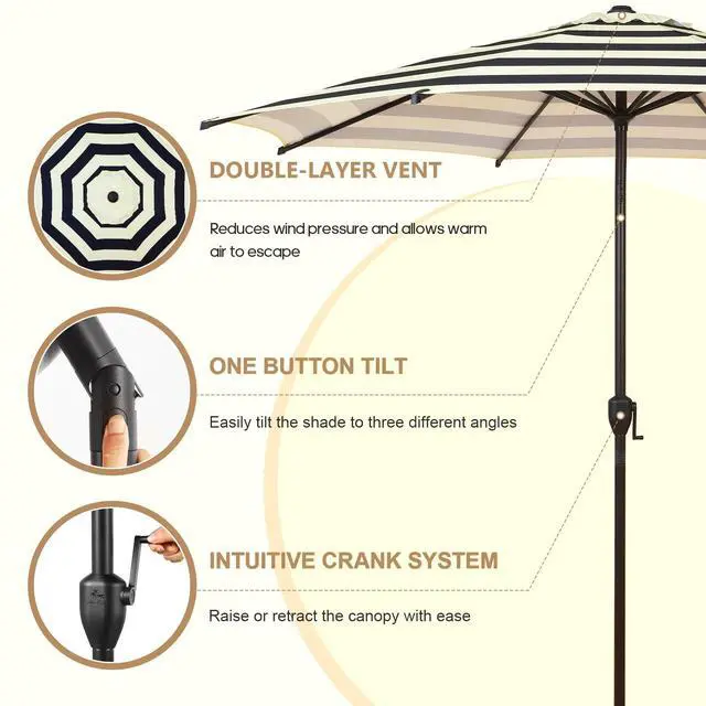 Alt view image 4 of 7 - Abba Patio 9FT Lyon Outdoor Patio Umbrella Outdoor Table Umbrella with Push Button Tilt and Crank Market Umbrella 8 Sturdy Ribs UV Protection Waterproof for Garden Deck Backyard Pool, Black & Ivory