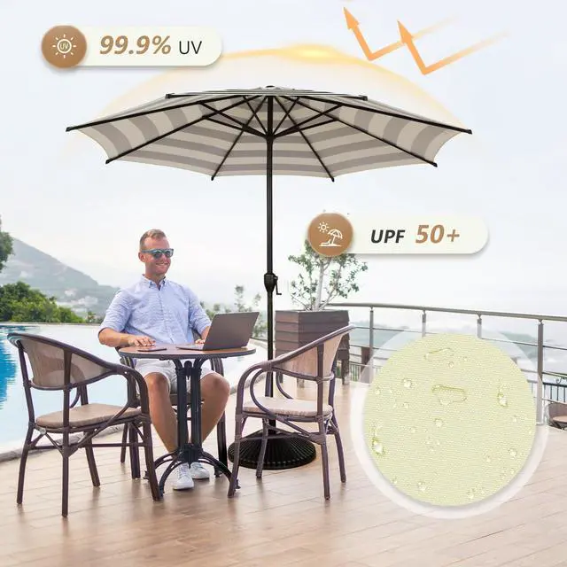 Alt view image 5 of 7 - Abba Patio 9FT Lyon Outdoor Patio Umbrella Outdoor Table Umbrella with Push Button Tilt and Crank Market Umbrella 8 Sturdy Ribs UV Protection Waterproof for Garden Deck Backyard Pool, Black & Ivory