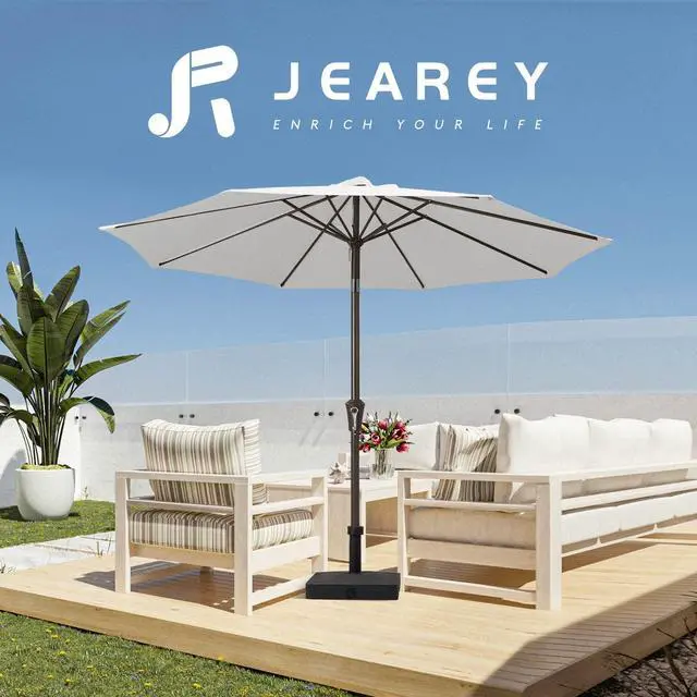 Alt view image 6 of 7 - JEAREY 9FT Outdoor Patio Umbrella Outdoor Table Umbrella with Push Button Tilt and Crank, Market Umbrella 8 Sturdy Ribs UV Protection Waterproof for Garden, Deck, Backyard, Pool (Creamy-white)
