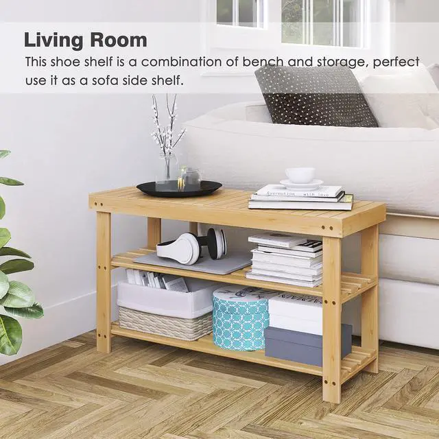 Alt view image 4 of 7 - SMIBUY Bamboo Shoe Rack Bench, 3-Tier Shoe Organizer Storage Shelf for Entryway Hallway Bathroom Living Room (Natural)