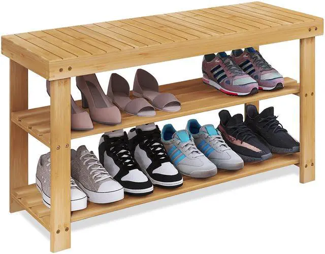 Main image of SMIBUY Bamboo Shoe Rack Bench, 3-Tier Shoe Organizer Storage Shelf for Entryway Hallway Bathroom Living Room (Natural)