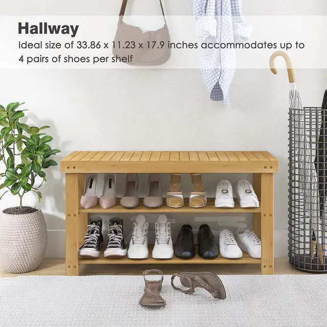 Alt view image 3 of 7 - SMIBUY Bamboo Shoe Rack Bench, 3-Tier Shoe Organizer Storage Shelf for Entryway Hallway Bathroom Living Room (Natural)