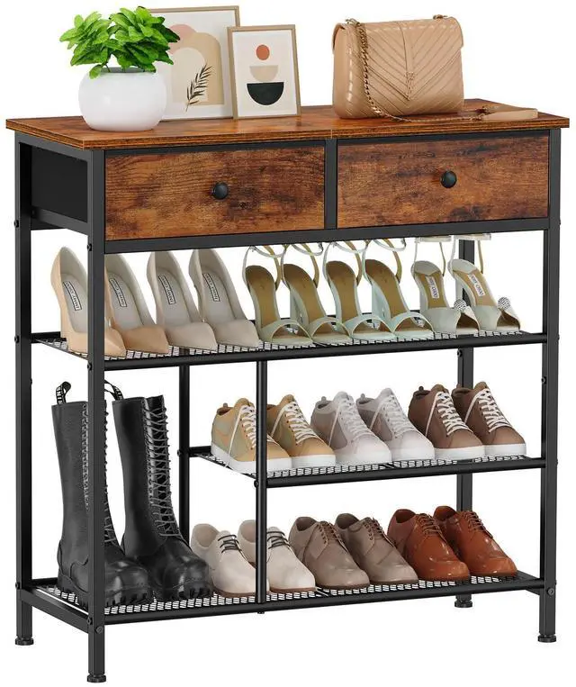 Main image of Snughome Shoe Rack for Entryway, 4 Tier Shoe Organizer with 2 Non-Woven Drawers, Shoe Storage Shelves with Sturdy Wooden Top and Metal Shelves, Shoe Stand for Closet