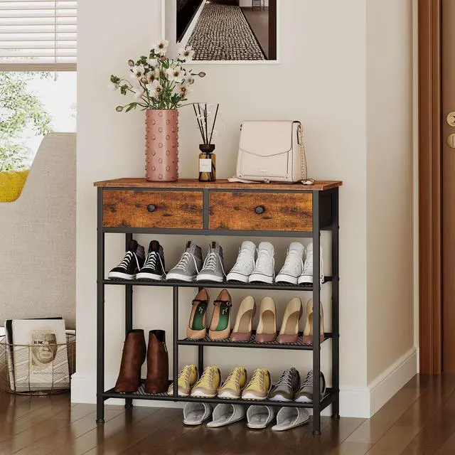Alt view image 3 of 7 - Snughome Shoe Rack for Entryway, 4 Tier Shoe Organizer with 2 Non-Woven Drawers, Shoe Storage Shelves with Sturdy Wooden Top and Metal Shelves, Shoe Stand for Closet