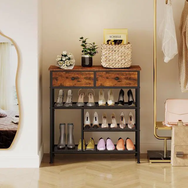 Alt view image 4 of 7 - Snughome Shoe Rack for Entryway, 4 Tier Shoe Organizer with 2 Non-Woven Drawers, Shoe Storage Shelves with Sturdy Wooden Top and Metal Shelves, Shoe Stand for Closet