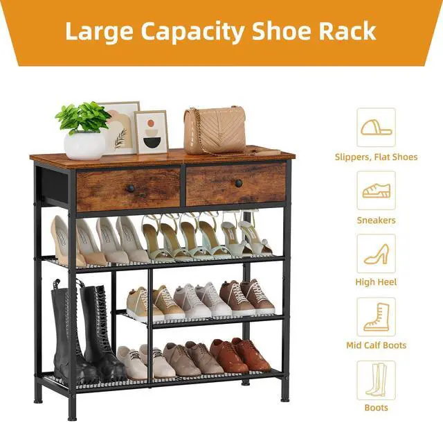 Alt view image 7 of 7 - Snughome Shoe Rack for Entryway, 4 Tier Shoe Organizer with 2 Non-Woven Drawers, Shoe Storage Shelves with Sturdy Wooden Top and Metal Shelves, Shoe Stand for Closet