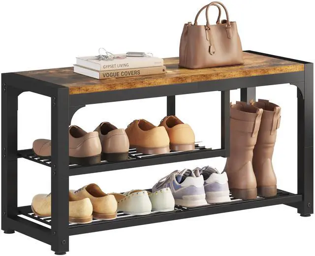 Main image of HOMEFORT Shoe Bench,3 Tiers Shoe Rack Bench,31.5" Shoe Storage Bench for Entryway, Retro Industrial Entry Bench with Mesh Shelves and Boot Storage,for Front Door Entrance, Rustic Brown