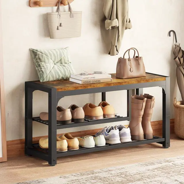 Alt view image 3 of 7 - HOMEFORT Shoe Bench,3 Tiers Shoe Rack Bench,31.5" Shoe Storage Bench for Entryway, Retro Industrial Entry Bench with Mesh Shelves and Boot Storage,for Front Door Entrance, Rustic Brown