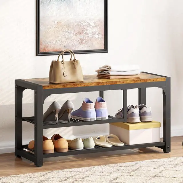 Alt view image 4 of 7 - HOMEFORT Shoe Bench,3 Tiers Shoe Rack Bench,31.5" Shoe Storage Bench for Entryway, Retro Industrial Entry Bench with Mesh Shelves and Boot Storage,for Front Door Entrance, Rustic Brown