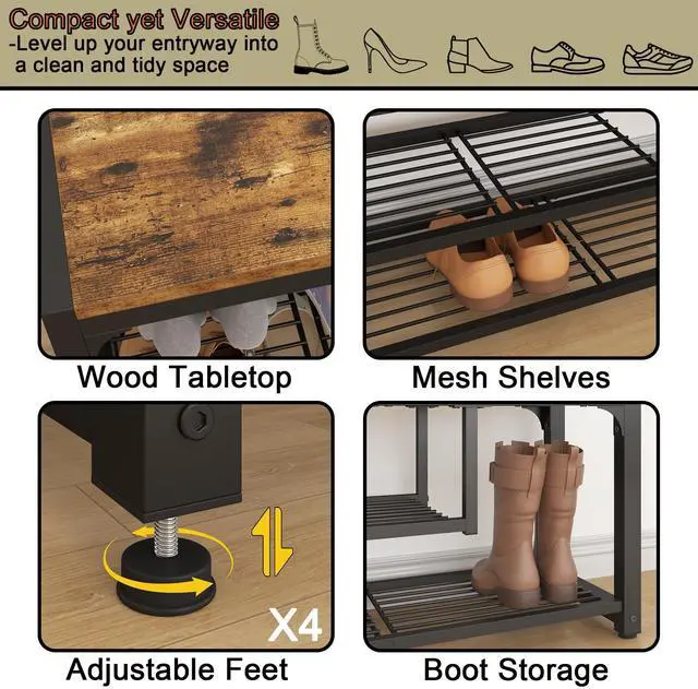 Alt view image 6 of 7 - HOMEFORT Shoe Bench,3 Tiers Shoe Rack Bench,31.5" Shoe Storage Bench for Entryway, Retro Industrial Entry Bench with Mesh Shelves and Boot Storage,for Front Door Entrance, Rustic Brown