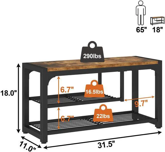 Alt view image 5 of 7 - HOMEFORT Shoe Bench,3 Tiers Shoe Rack Bench,31.5" Shoe Storage Bench for Entryway, Retro Industrial Entry Bench with Mesh Shelves and Boot Storage,for Front Door Entrance, Rustic Brown