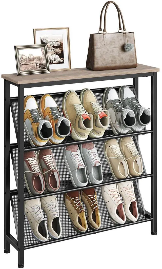 Main image of CHOEZON Shoe Rack, 4-Tier Slanted Shoe Storage Shelf, Narrow Shoe Rack for Entryway, Shoe Organizer with Adjustable Feet, Slim Shoe Shelf with Wooden Top and Metal Frame, Greige and Black TXJ75BG