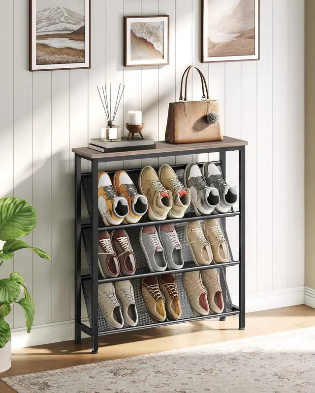 Alt view image 2 of 7 - CHOEZON Shoe Rack, 4-Tier Slanted Shoe Storage Shelf, Narrow Shoe Rack for Entryway, Shoe Organizer with Adjustable Feet, Slim Shoe Shelf with Wooden Top and Metal Frame, Greige and Black TXJ75BG