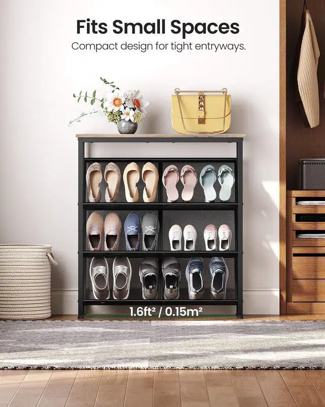 Alt view image 4 of 7 - CHOEZON Shoe Rack, 4-Tier Slanted Shoe Storage Shelf, Narrow Shoe Rack for Entryway, Shoe Organizer with Adjustable Feet, Slim Shoe Shelf with Wooden Top and Metal Frame, Greige and Black TXJ75BG