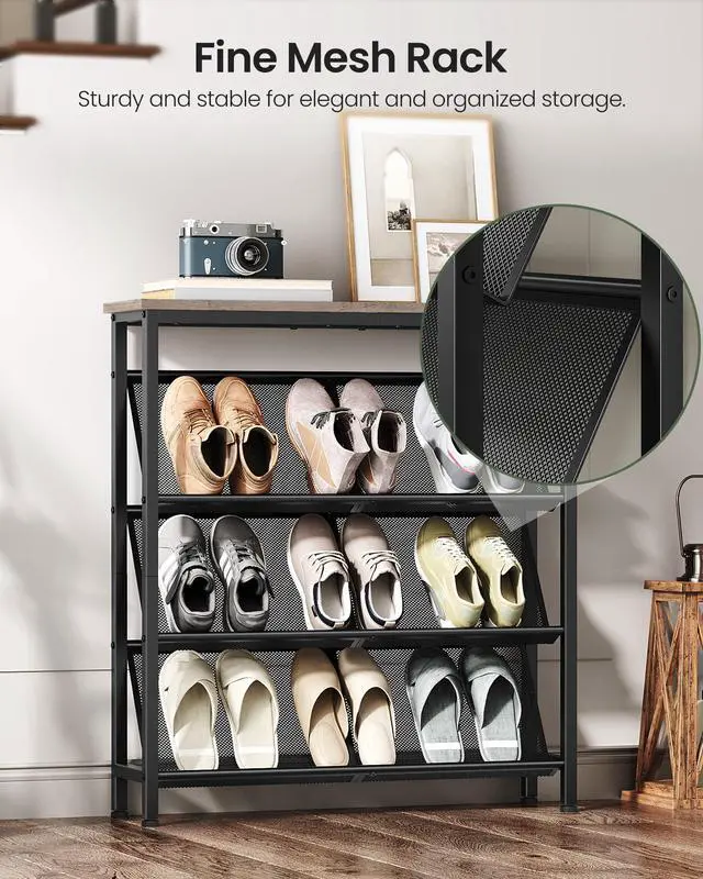 Alt view image 6 of 7 - CHOEZON Shoe Rack, 4-Tier Slanted Shoe Storage Shelf, Narrow Shoe Rack for Entryway, Shoe Organizer with Adjustable Feet, Slim Shoe Shelf with Wooden Top and Metal Frame, Greige and Black TXJ75BG