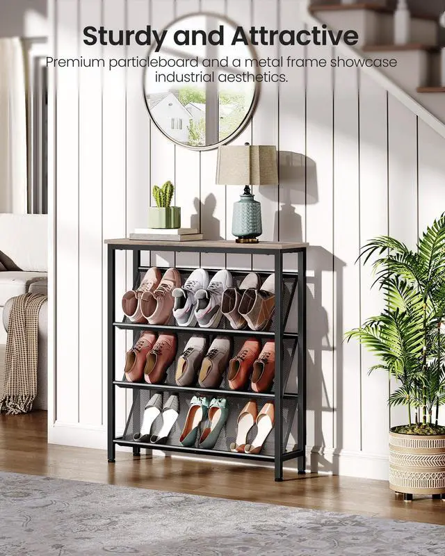 Alt view image 3 of 7 - CHOEZON Shoe Rack, 4-Tier Slanted Shoe Storage Shelf, Narrow Shoe Rack for Entryway, Shoe Organizer with Adjustable Feet, Slim Shoe Shelf with Wooden Top and Metal Frame, Greige and Black TXJ75BG