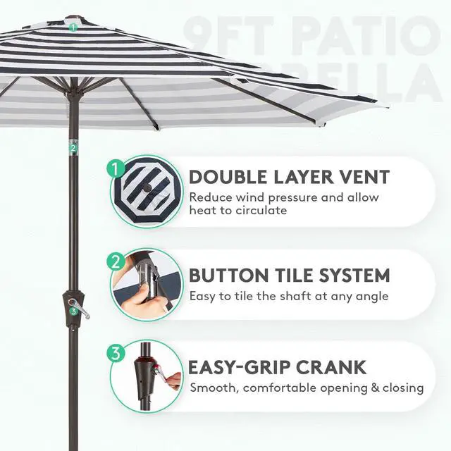 Alt view image 2 of 7 - JEAREY 9FT Outdoor Patio Umbrella Outdoor Table Umbrella with Push Button Tilt and Crank, Market Umbrella 8 Sturdy Ribs UV Protection Waterproof for Garden, Deck, Backyard, Pool (Black & White Stripe)
