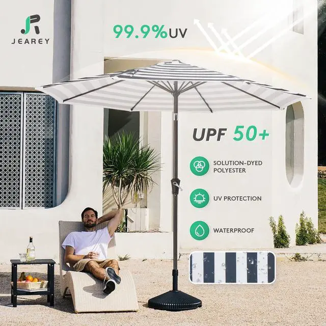 Alt view image 3 of 7 - JEAREY 9FT Outdoor Patio Umbrella Outdoor Table Umbrella with Push Button Tilt and Crank, Market Umbrella 8 Sturdy Ribs UV Protection Waterproof for Garden, Deck, Backyard, Pool (Black & White Stripe)