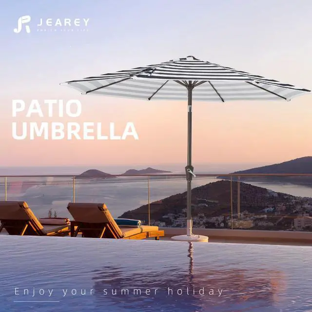 Alt view image 7 of 7 - JEAREY 9FT Outdoor Patio Umbrella Outdoor Table Umbrella with Push Button Tilt and Crank, Market Umbrella 8 Sturdy Ribs UV Protection Waterproof for Garden, Deck, Backyard, Pool (Black & White Stripe)