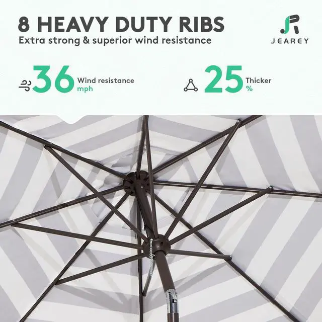 Alt view image 5 of 7 - JEAREY 9FT Outdoor Patio Umbrella Outdoor Table Umbrella with Push Button Tilt and Crank, Market Umbrella 8 Sturdy Ribs UV Protection Waterproof for Garden, Deck, Backyard, Pool (Black & White Stripe)