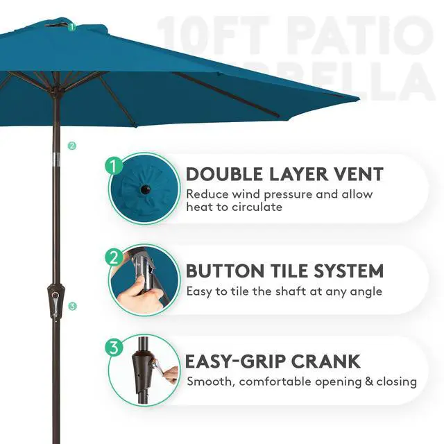 Alt view image 2 of 7 - JEAREY 10FT Outdoor Patio Umbrella Outdoor Table Umbrella with Push Button Tilt and Crank, Market Umbrella 8 Sturdy Ribs UV Protection Waterproof for Pool, Garden (Lake Blue)