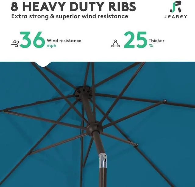 Alt view image 5 of 7 - JEAREY 10FT Outdoor Patio Umbrella Outdoor Table Umbrella with Push Button Tilt and Crank, Market Umbrella 8 Sturdy Ribs UV Protection Waterproof for Pool, Garden (Lake Blue)