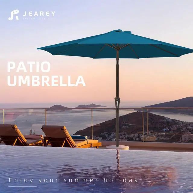 Alt view image 7 of 7 - JEAREY 10FT Outdoor Patio Umbrella Outdoor Table Umbrella with Push Button Tilt and Crank, Market Umbrella 8 Sturdy Ribs UV Protection Waterproof for Pool, Garden (Lake Blue)