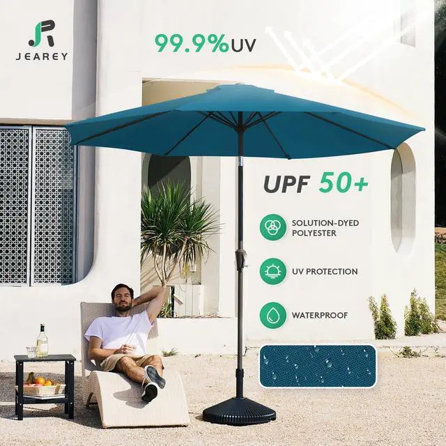 Alt view image 3 of 7 - JEAREY 10FT Outdoor Patio Umbrella Outdoor Table Umbrella with Push Button Tilt and Crank, Market Umbrella 8 Sturdy Ribs UV Protection Waterproof for Pool, Garden (Lake Blue)